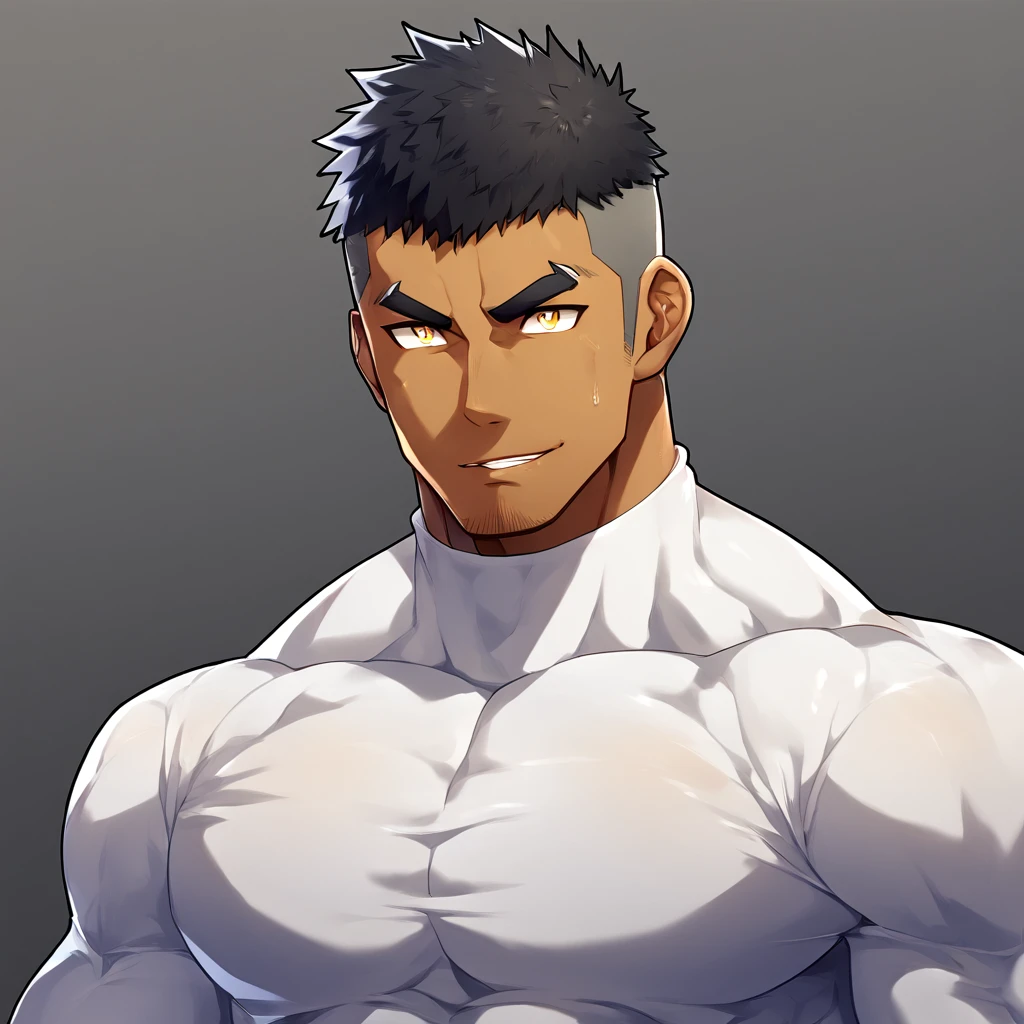 anime characters:Gyee, Muscle Sports Student, negro black skin, 1 dark skin muscular tough guy, Manliness, male focus, Light yellow high collar long sleeve tight T-shirt, Slightly transparent material, Very tight, Round, full and perky chest muscles, Slightly transparent, muscular male, muscular, only, Upper body, alone, Black short hair, Thick eyebrows, stubble, Yellow eyes, Grey background, simple background, amazing quality, best aesthetics, Ridiculous, bright pupils, crew cut, parted lips, seductive smile, torogao, naughty face, drop shadow, best quality