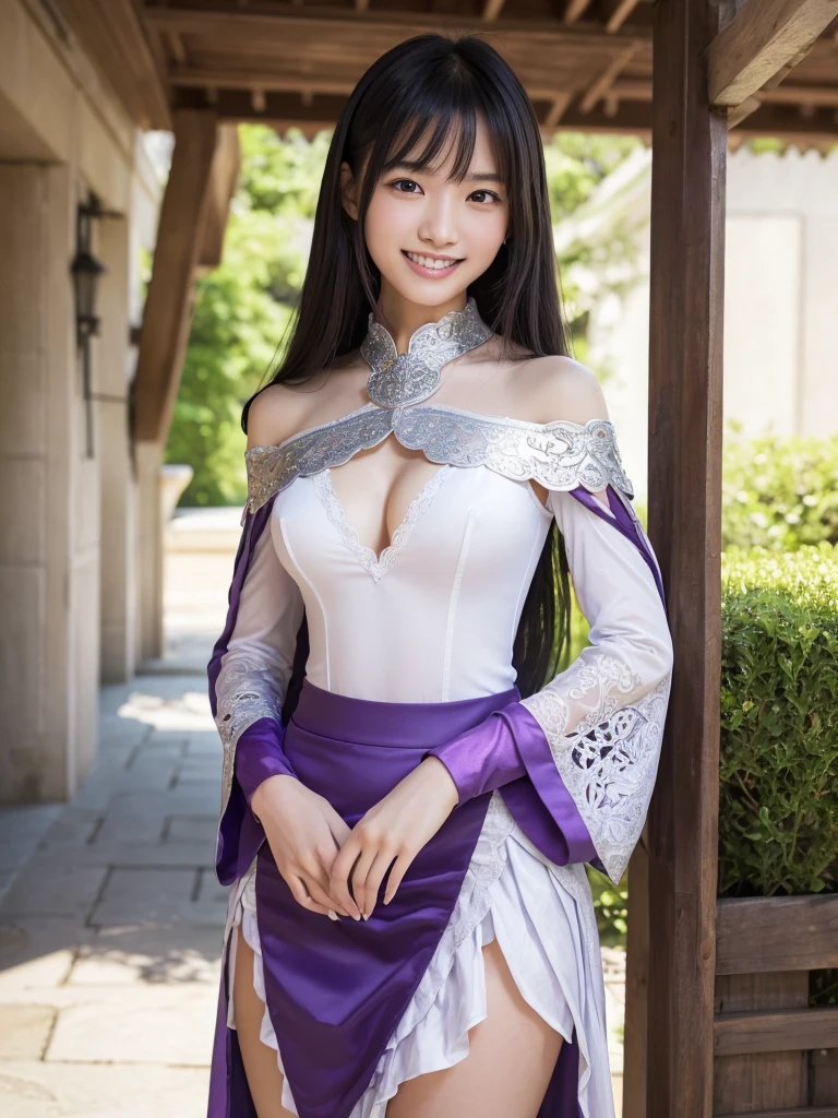 a beautiful japanese girl, very cute high school girl assassin, detailed portrait of innocent 16 year old virgin, in front of a lord's manor at the main entrance, (off-shoulder silver breastplate), (purple long slit skirt:1.2), (purple arm cover, silver booties), ((full body, from below, standing, come into the house:1.1)), ((a coquettish smile, white teeth, open mouth:1.2)), greeting, blushing, fidgeting hands, translucent skin, small breasts, cleavage, glossy straight medium black hair, asymmetrical bangs, ((best quality, 4k, 8k, highres, masterpiece, ultra-detailed, realistic, photorealistic, photo-realistic, intricate detail, highly realistic:1.3)), dramatic lighting, muted color palette, cinematic composition, emotional portrait