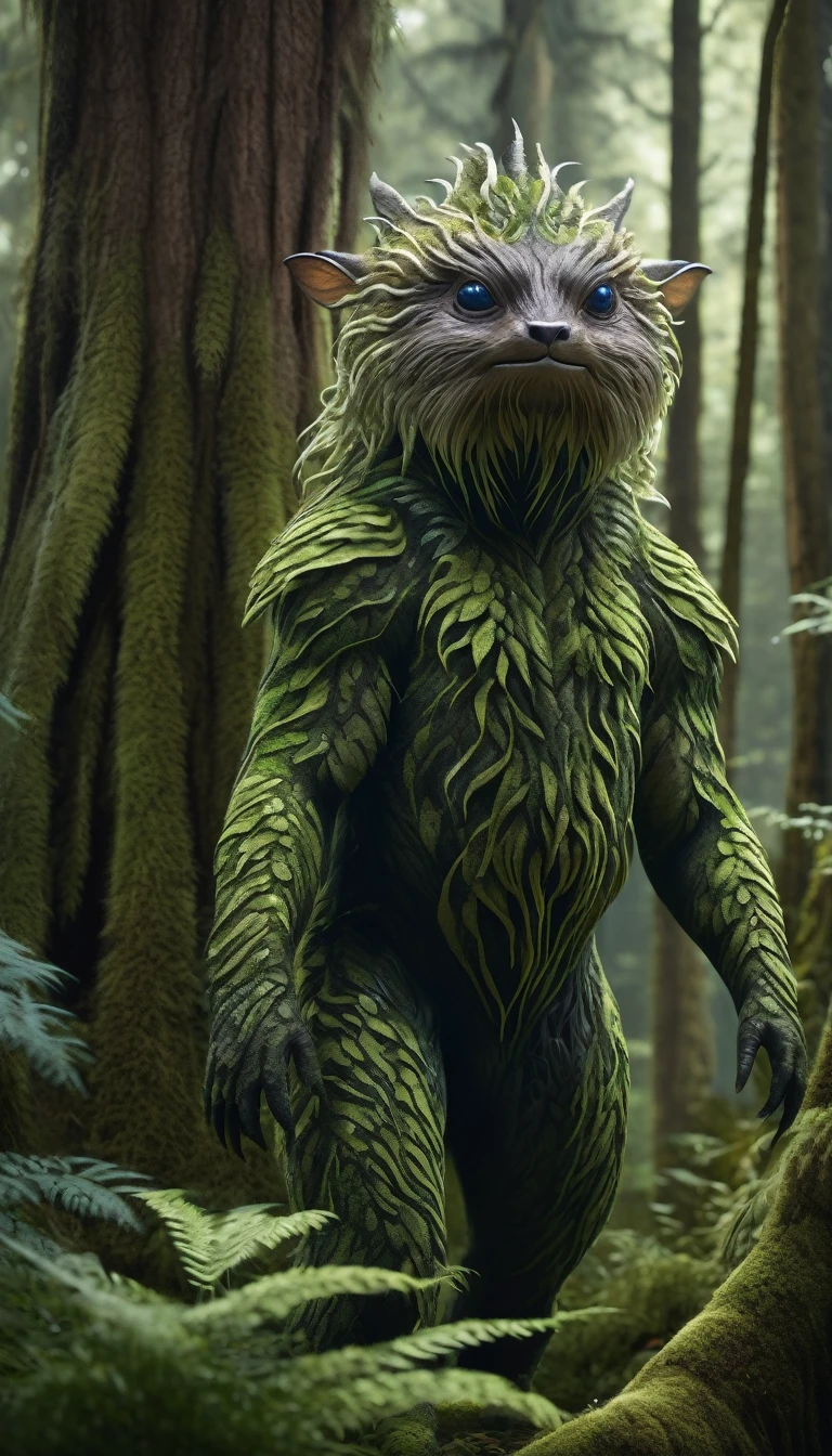 Panoramic front view,There is a creature in the forest,Human-like appearance,Covered with hair(best quality,4K,8K,High level,masterpiece:1.2),Ultra Detailed,(lifelike,Photo real,Photo real:1.37),Highly detailed animals,Complex patterns,Realistic lighting,Fantasy Creatures