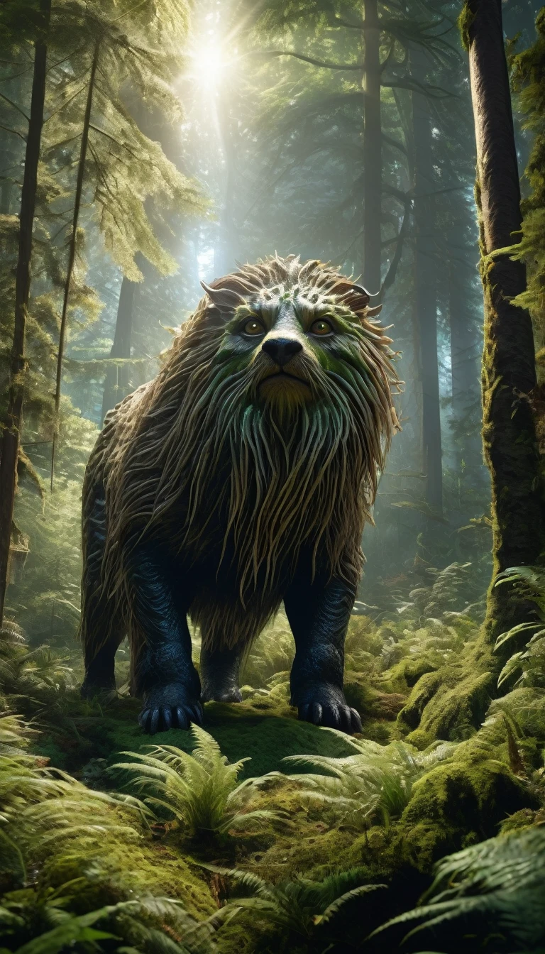 Panoramic front view,There is a creature in the forest,Human-like appearance,Covered with hair(best quality,4K,8K,High level,masterpiece:1.2),Ultra Detailed,(lifelike,Photo real,Photo real:1.37),Highly detailed animals,Complex patterns,Realistic lighting,Fantasy Creatures