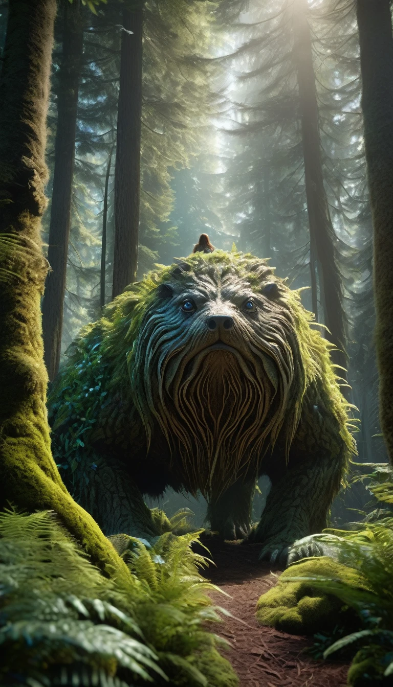 Panoramic front view,There is a creature in the forest,Human-like appearance,Covered with hair(best quality,4K,8K,High level,masterpiece:1.2),Ultra Detailed,(lifelike,Photo real,Photo real:1.37),Highly detailed animals,Complex patterns,Realistic lighting,Fantasy Creatures