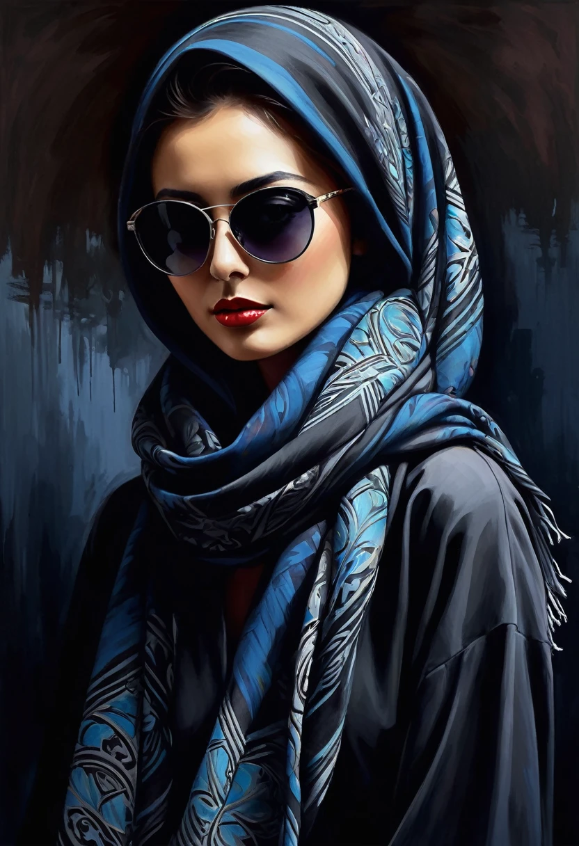 Create an image of a mysterious person with only their face visible, covered with a Turkish scarf leaving only one eye exposed. The person is wearing stylish dark sunglasses, adding to the sense of secrecy. The background should be dark and shadowy to emphasize the mysterious and secretive nature of the individual. The image should have the aspect of a painting, with detailed brush strokes and a dramatic atmosphere.
