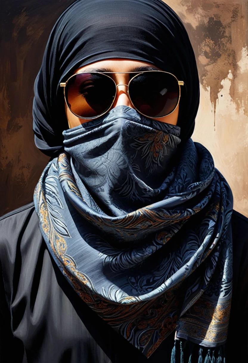 Create an image of a mysterious person with only their face visible, covered with a Turkish scarf leaving only one eye exposed. The person is wearing stylish dark sunglasses, adding to the sense of secrecy. The background should be dark and shadowy to emphasize the mysterious and secretive nature of the individual. The image should have the aspect of a painting, with detailed brush strokes and a dramatic atmosphere.