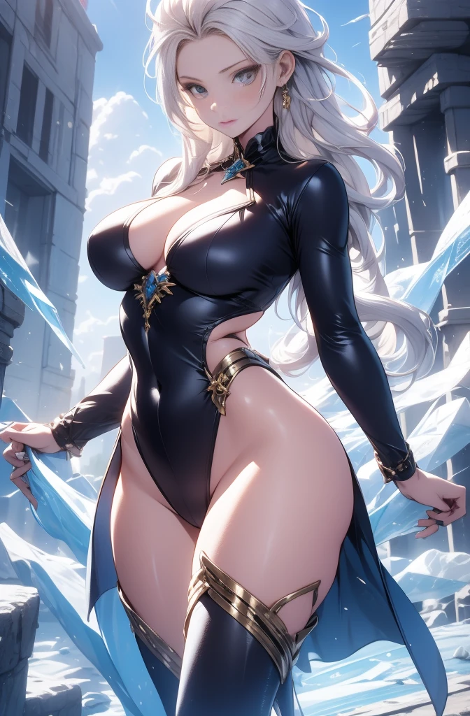 female, solo, young, sexy body, voluptuous figure, tightsuit, white hair, decolored blonde hair, ice effects around, ice queen, beautifull face, long hair, defined body, yellow and bright eyes, thick legs, strong legs, tall, Voluptuous legs, huge ass, big hip, big ass, female sorcerer, blue and black robes,
