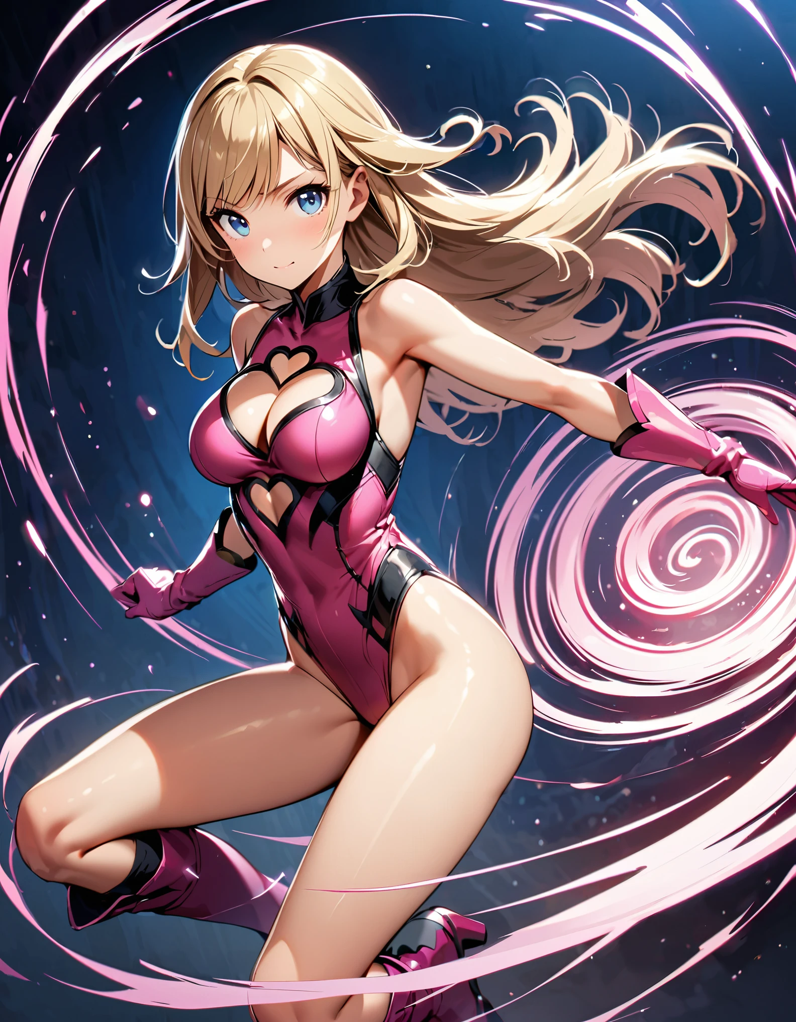 ((masterpiece)), ((best quality)), ((high res)), 1girl, solo, solo focus, ((leotard, perfect leotard, pink leotard, sleeveless, bare legs)), matching boots, looking at the viewer, blue sky backdrop, perfect hands, complete fingers, perfect anatomy, medium breasts, (blonde hair, long hair, mid-length hair, hair down, bangs), knee boots, blue eyes, beautiful detailed eyes, beautiful detailed face, cute face, (cleavage heart cutout), pink gloves, pink footwear, superhero, heroic, raised arms. She spins at an incredible speed, creating a whirlwind of air around her. She rotates her body in place at super speed. She spins fast in place like a tornado. Cyclone spinning. Rapid gyration. Tornado winds around her. She super-spins. Spiral lines around her body. Curved sword slash. Full body with costume.