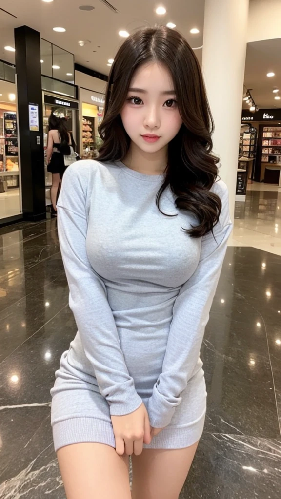Indonesian girl 19-year-old Hairstyle fashion Casual, F Cup Breasts wearing crewneck dress in mall