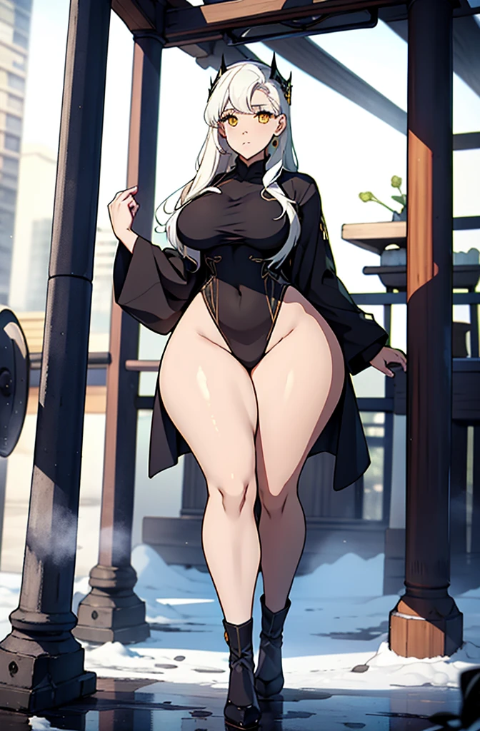 female, solo, young, sexy body, voluptuous figure, tightsuit, white hair, decolored blonde hair, ice effects around, ice queen, beautifull face, long hair, defined body, yellow and bright eyes, thick legs, strong legs, tall, Voluptuous legs, huge ass, big hip, big ass, female sorcerer, blue and black robes, long hair