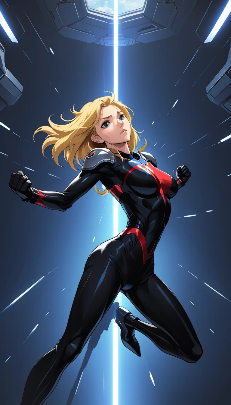 1 Girl、Medium Bust、solo、Blonde、Shortcutobile Race Suit、Shoulder Armor、ceiling、Wide Shot、Looking Ahead、profound、Fighting Pose、Closed Mouth、Highest quality、medium quality、22 years old、Mobile Trace System、cockpit、