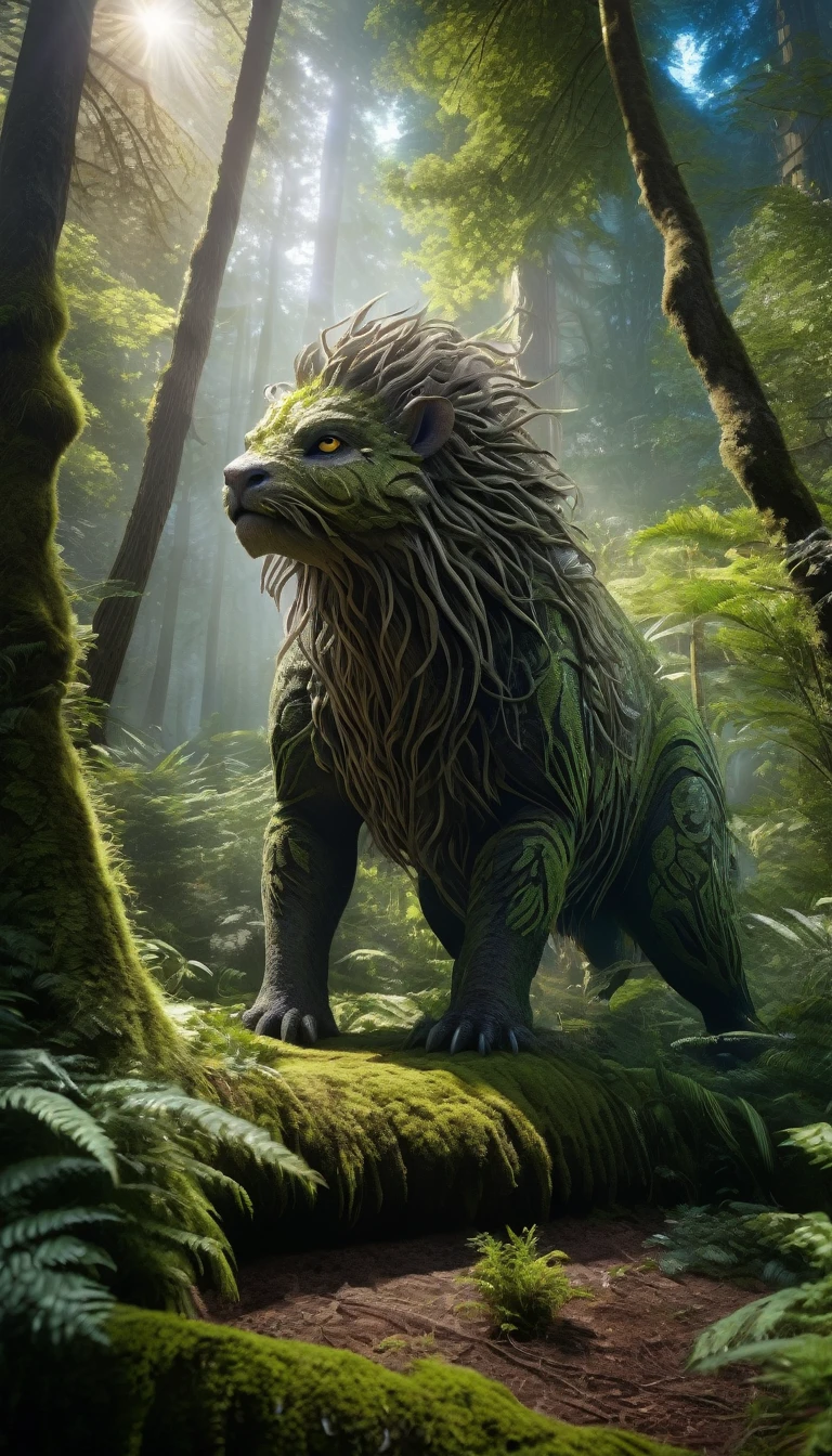 Panoramic front view,There is a creature in the forest,Human-like appearance,Covered with hair(best quality,4K,8K,High level,masterpiece:1.2),Ultra Detailed,(lifelike,Photo real,Photo real:1.37),Highly detailed animals,Complex patterns,Realistic lighting,Fantasy Creatures