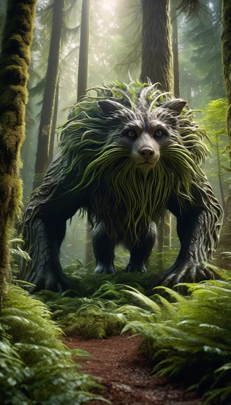Panoramic front view，There is a creature in the forest，Human-like appearance，Covered with hair（best quality，4K，8K，High level，masterpiece：1.2），Ultra Detailed，（lifelike，Photo real，Photo real：1.37），Highly detailed animals，Complex patterns，Realistic lighting，Fantasy Creatures