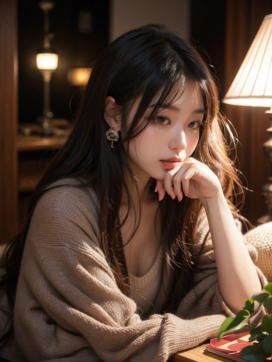 Beautiful Japanese waifu, early 30s, brunette hair, sweater, sitting by a lamp