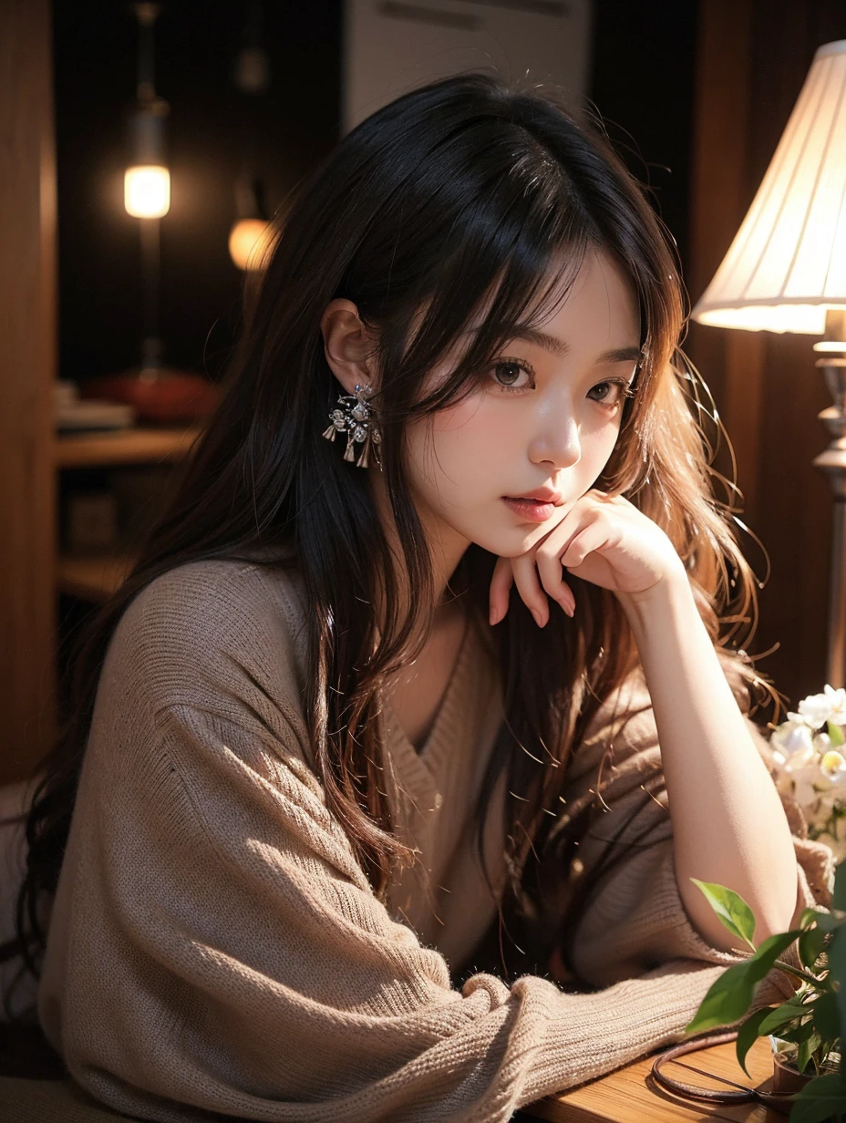 Beautiful Japanese waifu, early 30s, brunette hair, sweater, sitting by a lamp