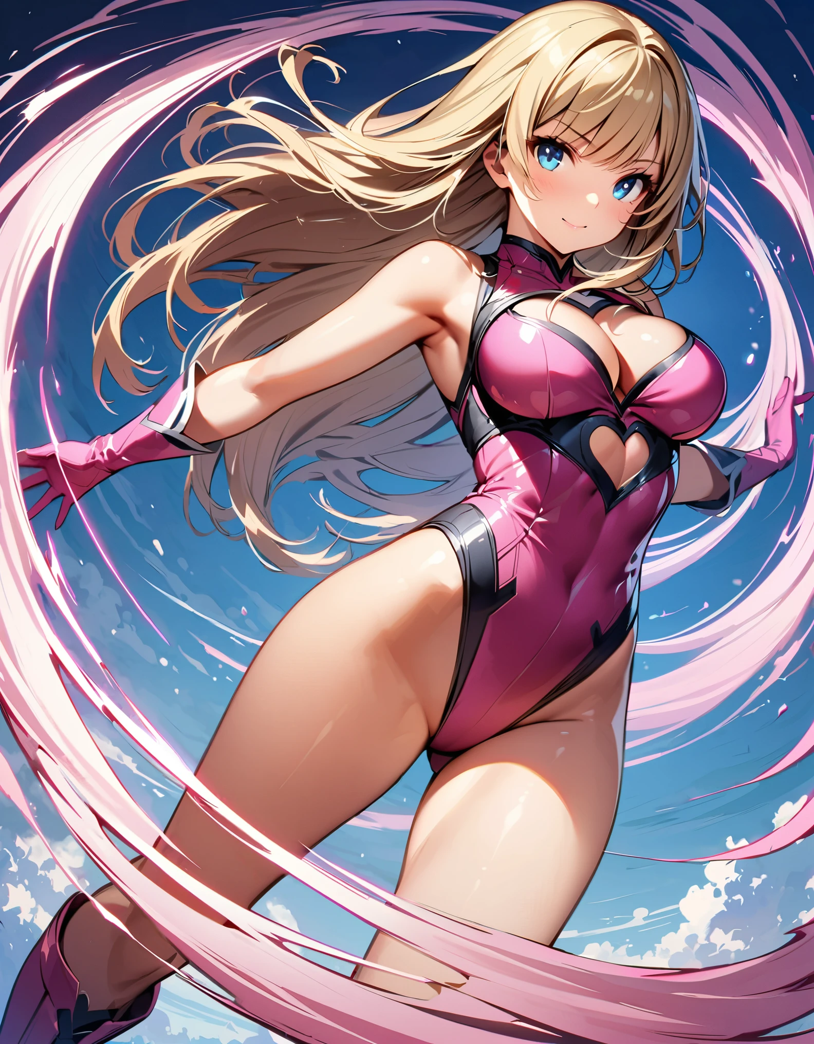 ((masterpiece)), ((best quality)), ((high res)), 1girl, solo, solo focus, ((leotard, perfect leotard, pink leotard, sleeveless, bare legs)), matching boots, looking at the viewer, blue sky backdrop, perfect hands, complete fingers, perfect anatomy, medium breasts, (blonde hair, long hair, mid-length hair, hair down, bangs), knee boots, blue eyes, beautiful detailed eyes, beautiful detailed face, cute face, (cleavage heart cutout), pink gloves, pink footwear, superhero, heroic, raised arms. She spins at an incredible speed, creating a whirlwind of air around her. She rotates her body in place at super speed. She spins fast in place like a tornado. Cyclone spinning. Rapid gyration. Tornado winds around her. She super-spins. Spiral lines around her body. Curved sword slash. Full body with costume.