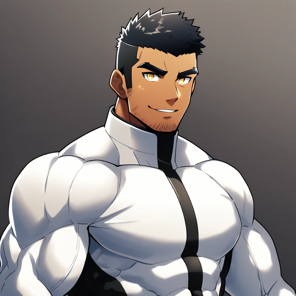 anime characters:Gyee, Muscle Sports Student, negro black skin, 1 dark skin muscular tough guy, Manliness, male focus, Dark grey high collar long sleeve wetsuit, Matte texture, Very tight, Round, full and perky chest muscles, Slightly transparent, muscular male, muscular, only, Upper body, alone, Black short hair, Thick eyebrows, stubble, Yellow eyes, Grey background, simple background, amazing quality, best aesthetics, Ridiculous, bright pupils, crew cut, parted lips, seductive smile, torogao, naughty face, best quality