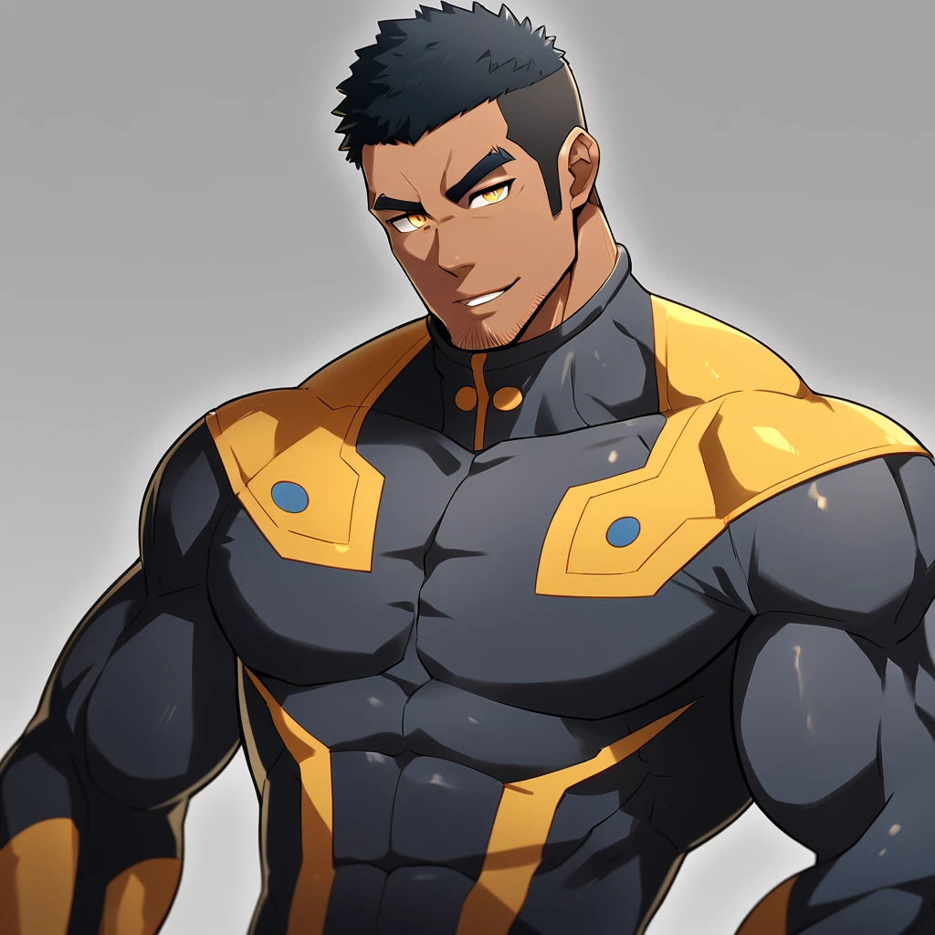 anime characters：Gyee, Muscle Sports Student, negro black skin, 1 dark skin muscular tough guy, Manliness, male focus, Dark grey high collar long sleeve wetsuit, Matte texture, Very tight, Round, full and perky chest muscles, Slightly transparent, muscular male, muscular, only, Upper body, alone, Black short hair, Thick eyebrows, stubble, Yellow eyes, Grey background, simple background, amazing quality, best aesthetics, Ridiculous, bright pupils, crew cut, parted lips, seductive smile, torogao, naughty face,  best quality