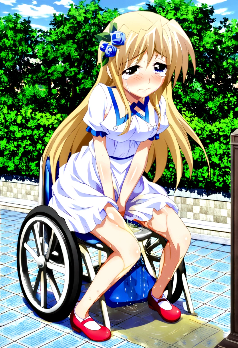 Anime. 1 Girl. Cutie. Disabled person. . Blonde. Long hair. Hair tied in two braids. Green eyes. Beautiful eyes. Perfect eyes. Expressive eyes. Ideal face. Beautiful nose. . Medium breasts. Beautiful breasts. Urinary incontinence. Wants to pee. I need to pee. A strong, desperate urge to pee. She peed herself. Dirty diaper. Ideal anatomical body. A white blouse. Green tie. He sits in a wheelchair. In the restroom. Holds his hands on his chest. Beautiful character design. Shiny skin. Whole body. nsfw. Official art. Extremely detailed CG Unity 8k wallpaper. Ideal lighting. Ultra high resolution 4K. Super detailed 8K resolution. A high resolution.