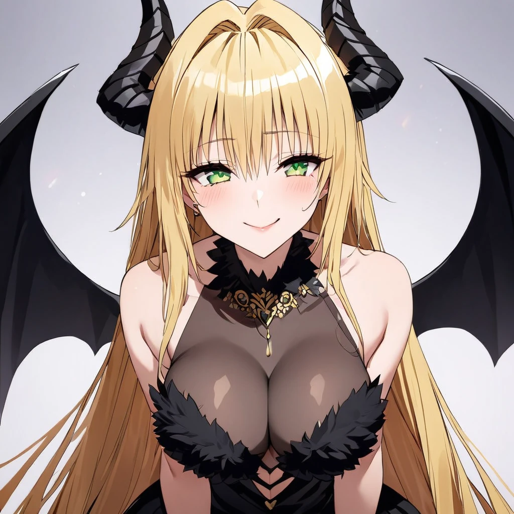 ((Highest quality)), ((masterpiece)), (detailed), (Perfect Face)、The woman is the Devil Queen Tiare, a female demon wearing a gorgeous black wedding dress decorated with gold.、The woman is a female demon with magnificent devil horns, jet black devil wings and a jet black tail. She is looking at the camera with a happy expression, a demon named Tiare, with green eyes, blonde medium-long hair and the expression of a maiden in love.、The woman is Tiare