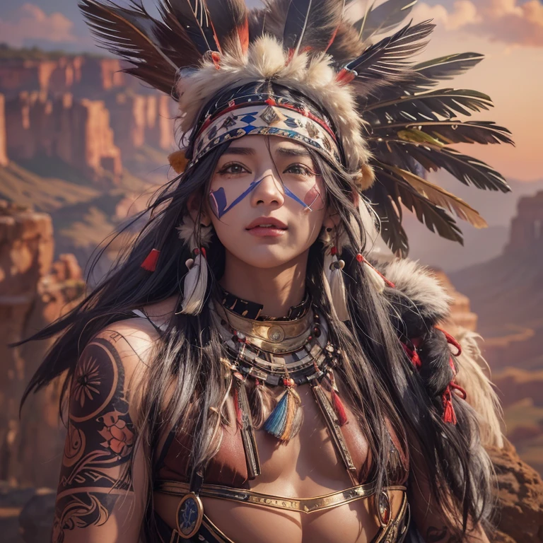 At the Grand Canyon、Hair flow、 ((Highest quality、masterpiece、8K、Best image quality、Ultra-high resolution、Award-winning works)、(Accurate anatomy:1.1)、(Look at me and smile:1.1)、Shining fair skin with Ultra-high resolution、The most detailed face、Ultra-high resolution detailed face、Ultra-high resolutionの髪の毛、(Ultra-high resolutionの煌めく瞳:1.1)、Beautiful face drawn in every detail、(Blurred Background:1.1)、Native American Costume, American Indian Clothing, Chest to chest, tattoo、A real giant condor next to you。