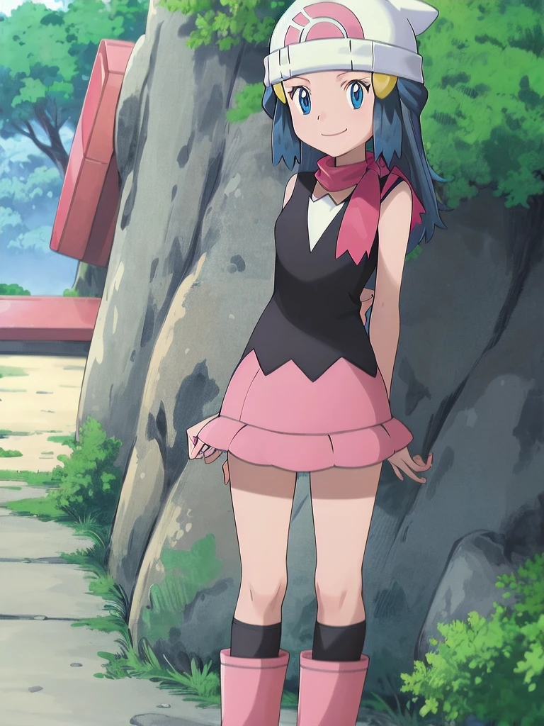 masterpiece, best quality, 1girl, dawn \(pokemon\), beanie, long hair, blue hair, blue eyes, black sleeveless shirt, pink scarf, pink skirt, pink boots, smile, looking at viewer, forest background