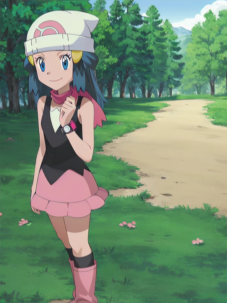 masterpiece, best quality, 1girl, dawn \(pokemon\), beanie, long hair, blue hair, blue eyes, black sleeveless shirt, pink scarf, pink skirt, pink boots, smile, looking at viewer, forest background