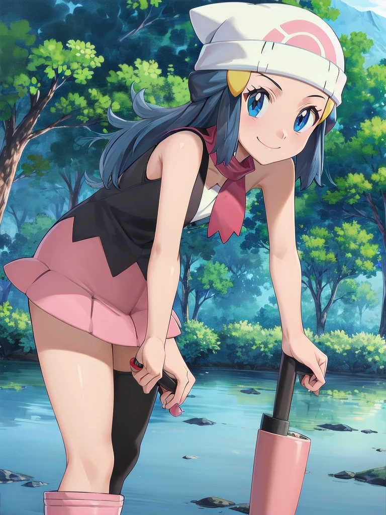 masterpiece, best quality, 1girl, dawn \(pokemon\), beanie, long hair, blue hair, blue eyes, black sleeveless shirt, pink scarf, pink skirt, pink boots, smile, looking at viewer, forest background