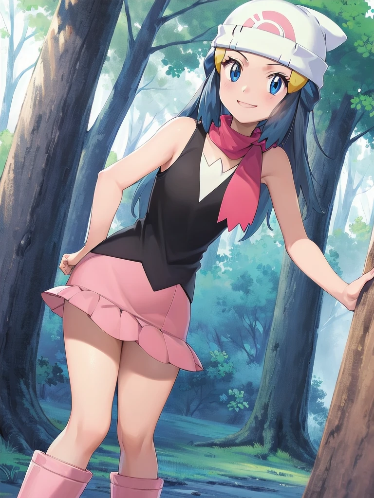 masterpiece, best quality, 1girl, dawn \(pokemon\), beanie, long hair, blue hair, blue eyes, black sleeveless shirt, pink scarf, pink skirt, pink boots, smile, looking at viewer, forest background