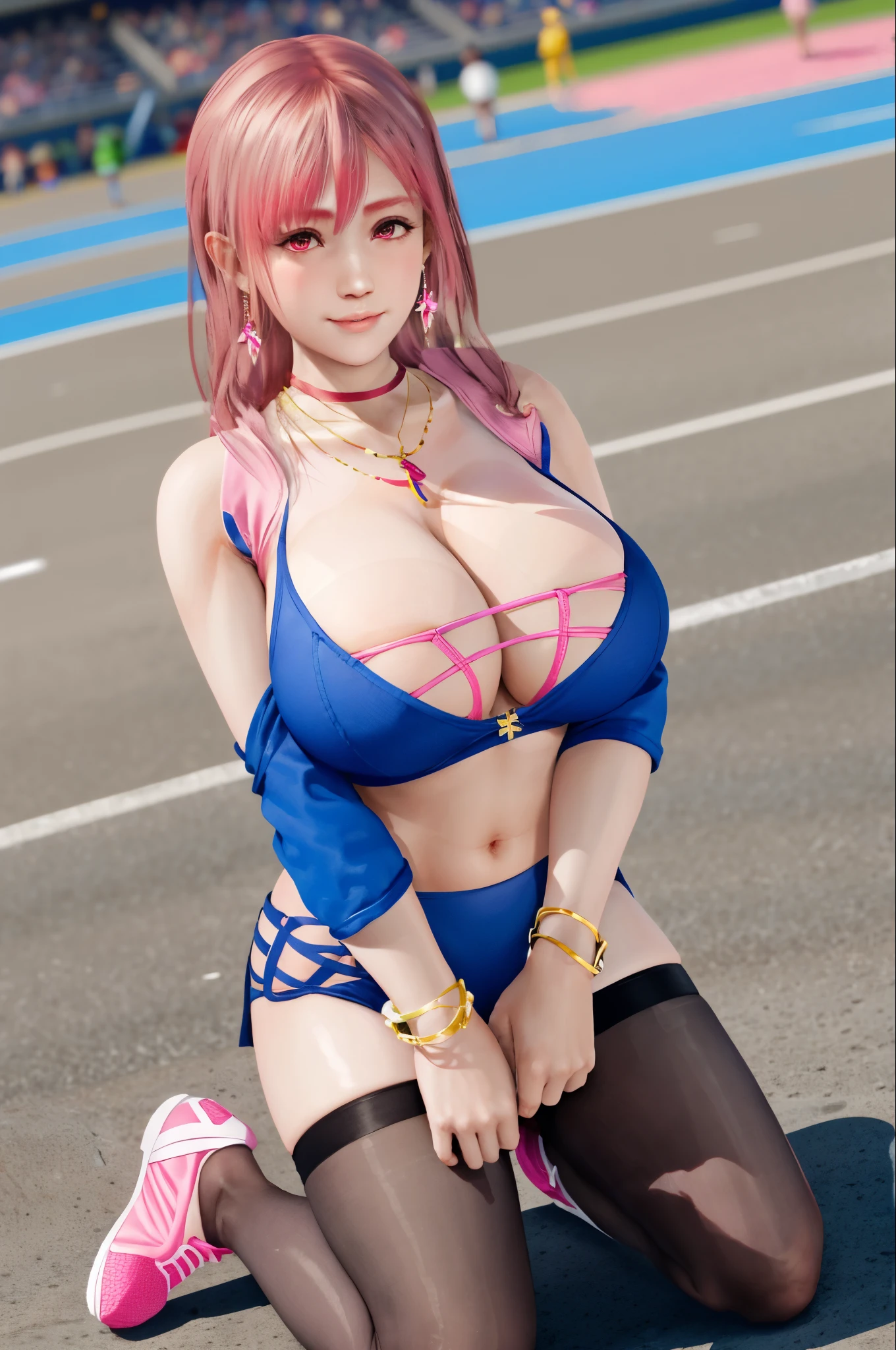 Honoka, stadium,playground,Sportswear,Pink Hair,Huge breasts,Cleavage,Low-cut,Lovely,necklace,earrings,Sportswear,Shy,Lovely,Gymnastics服,Gymnastics,Tights,Coverall,Shy ,Kneeling,sports shoes,pantyhose