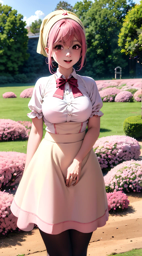 aruraru medium breasts, pink hair, ahoge, (head scarf:1.2), white shirt, (red bow), (cream skirt), (strap skirt), kneehigh skirt, beautiful face, pink eyes, smile, black pantyhose, outdoors, field, (complex background, many elements in the background:1.3),((super detailed background)), dynamic pose, ((8k wallpaper)), (masterpiece:1.2), best quality, absurdres, highres, extremely detailed wallpaper, perfect lighting,8k,HD, cowboy shot,