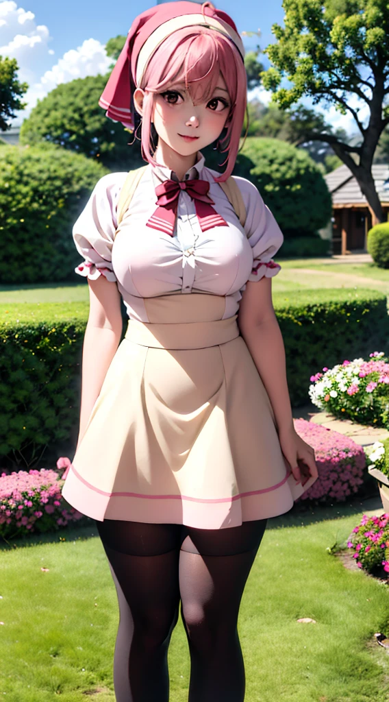 aruraru medium breasts, pink hair, ahoge, (head scarf:1.2), white shirt, (red bow), (cream skirt), (strap skirt), kneehigh skirt, beautiful face, pink eyes, smile, black pantyhose, outdoors, field, (complex background, many elements in the background:1.3),((super detailed background)), dynamic pose, ((8k wallpaper)), (masterpiece:1.2), best quality, absurdres, highres, extremely detailed wallpaper, perfect lighting,8k,HD, cowboy shot,