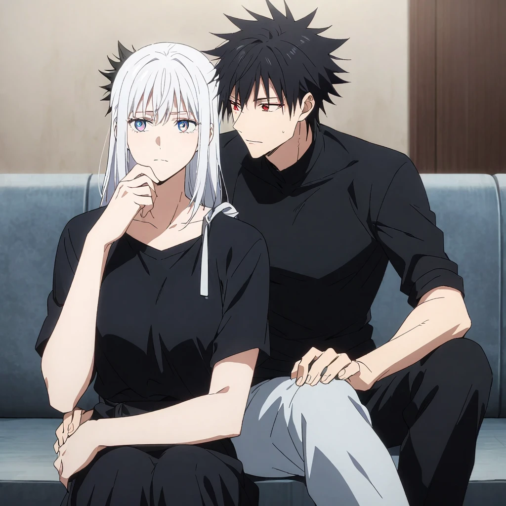 An anime-style image featuring two characters sitting closely together. The character on the left has spiky black hair, light blue eyes, and wears a black shirt. He is resting his chin on his hand while looking at the other character. The character on the right has long white hair, red eyes, and is dressed in a black outfit with a thin strap. She has a calm expression, and both of them are sitting on a couch in what seems to be an intimate setting.