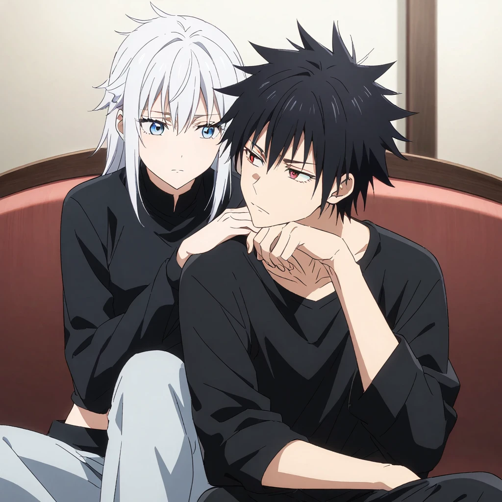An anime-style image featuring two characters sitting closely together. The character on the left has spiky black hair, light blue eyes, and wears a black shirt. He is resting his chin on his hand while looking at the other character. The character on the right has long white hair, red eyes, and is dressed in a black outfit with a thin strap. She has a calm expression, and both of them are sitting on a couch in what seems to be an intimate setting.