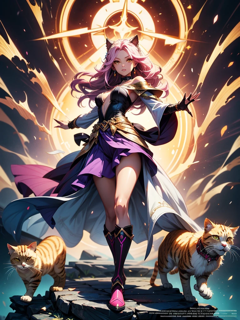 There is lost coliseum there stand female lioness in battle stance, she have ebony colour skin beautiful yellow cat eyes dark gold eyeshadows make up, ring style earrings, her hair is purple with pink highlights . she dressed in white neather topic with golden parts on countures also short and white leather straps on her cat legs instead of boots, her hands have hude ruby claws on her fingers, (ultra high quality fantasy art, anime fantasy style, masterpiece, ultra high quality character design, 8k quality anime art, realistic anime art, top quality wallpaper illustration, detailed ultra high quality accurate face, high quality design and accurate physic)