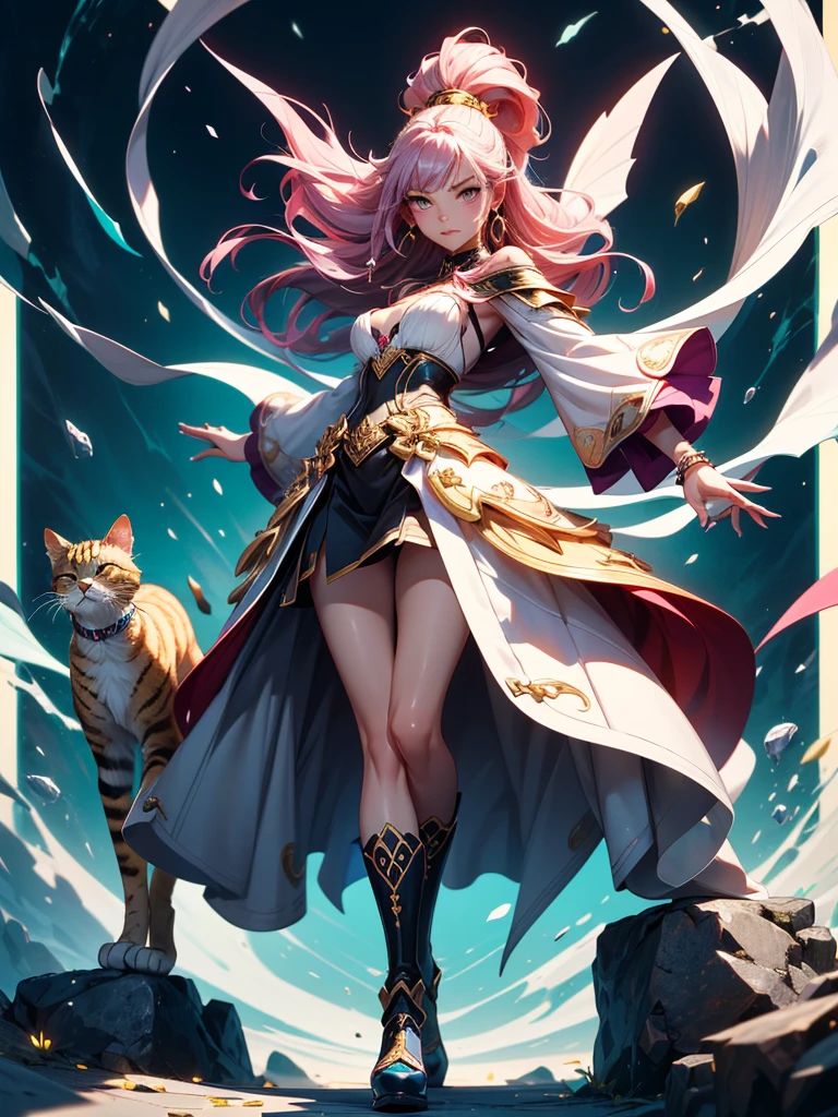 There is lost coliseum there stand female lioness in battle stance, she have ebony colour skin beautiful yellow cat eyes dark gold eyeshadows make up, ring style earrings, her hair is purple with pink highlights . she dressed in white neather topic with golden parts on countures also short and white leather straps on her cat legs instead of boots, her hands have hude ruby claws on her fingers, (ultra high quality fantasy art, anime fantasy style, masterpiece, ultra high quality character design, 8k quality anime art, realistic anime art, top quality wallpaper illustration, detailed ultra high quality accurate face, high quality design and accurate physic)