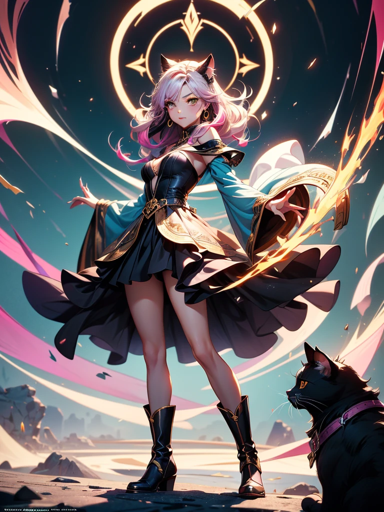 There is lost coliseum there stand female lioness in battle stance, she have ebony colour skin beautiful yellow cat eyes dark gold eyeshadows make up, ring style earrings, her hair is purple with pink highlights . she dressed in white neather topic with golden parts on countures also short and white leather straps on her cat legs instead of boots, her hands have hude ruby claws on her fingers, (ultra high quality fantasy art, anime fantasy style, masterpiece, ultra high quality character design, 8k quality anime art, realistic anime art, top quality wallpaper illustration, detailed ultra high quality accurate face, high quality design and accurate physic)