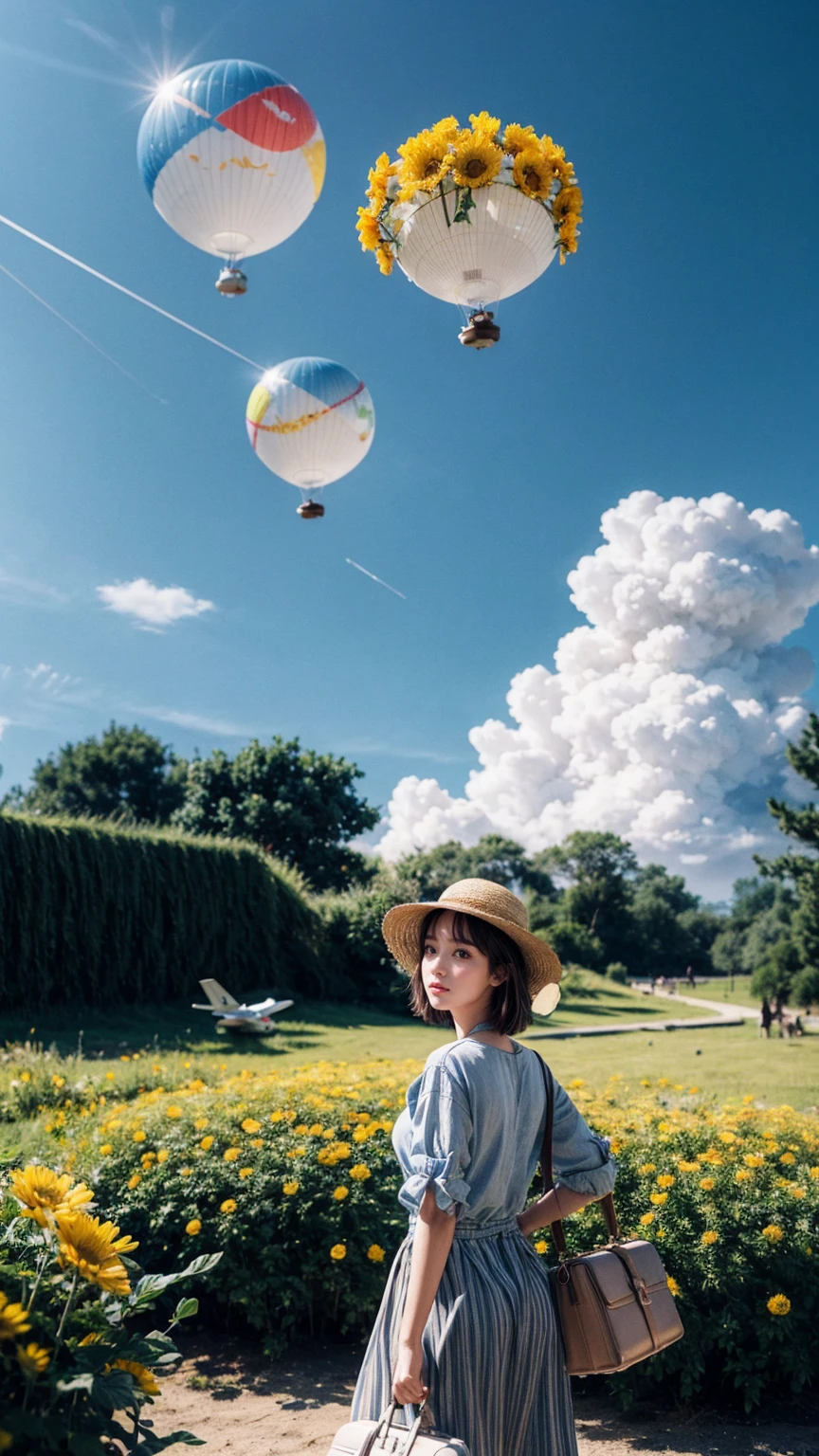 Have a suitcase,There is a straw hat on it, cloud, atmosphere, Leaves, Chrysanthemums floating in the air, Paper Plane, (miniature: 1.2), 2.5D Illustration, 3d rendering, 3D Modeling, Air bubble pad, Behans 3D Art Trends, Behans 3D Art Trends, 3d illustration, 3d illustration, 3d illustration, Business Illustration, Cinema 4D Color Rendering, 3d rendering stylization, Stylized digital illustration, 3 d stylize scene, stylized 3d rendering