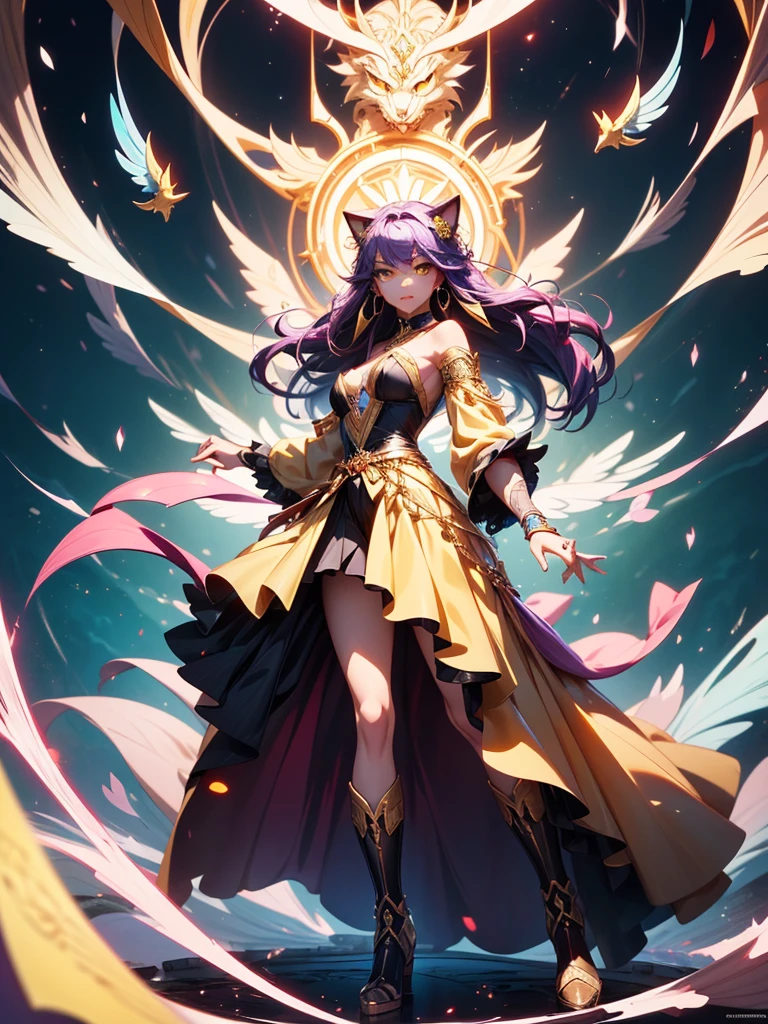There is lost coliseum there stand female lioness in battle stance, she have ebony colour skin beautiful yellow cat eyes dark gold eyeshadows make up, ring style earrings, her hair is purple with pink highlights . she dressed in white neather topic with golden parts on countures also short and white leather straps on her cat legs instead of boots, her hands have hude ruby claws on her fingers, (ultra high quality fantasy art, anime fantasy style, masterpiece, ultra high quality character design, 8k quality anime art, realistic anime art, top quality wallpaper illustration, detailed ultra high quality accurate face, high quality design and accurate physic)