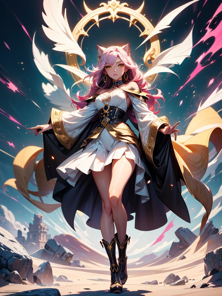 There is lost coliseum there stand female lioness in battle stance, she have ebony colour skin beautiful yellow cat eyes dark gold eyeshadows make up, ring style earrings, her hair is purple with pink highlights . she dressed in white neather topic with golden parts on countures also short and white leather straps on her cat legs instead of boots, her hands have hude ruby claws on her fingers, (ultra high quality fantasy art, anime fantasy style, masterpiece, ultra high quality character design, 8k quality anime art, realistic anime art, top quality wallpaper illustration, detailed ultra high quality accurate face, high quality design and accurate physic)