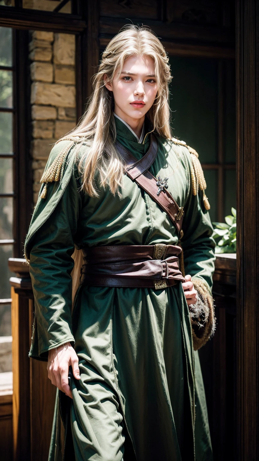 Neels Visser is a prince with long blond hair, Wearing moss green medieval military uniform, Look forward with emerald eyes. whole body, Artwork by Greg Rutkowski
