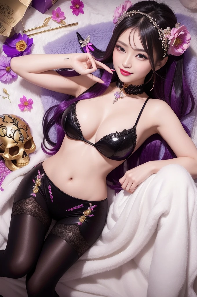 sexy Thai model who controls poison、beautiful smile、lip-gloss、bold lipstick、intense makeup、look at the camera、full body Esbian、、sparkling poisoned flower costume、、、、sparkling Colorful hair、secrete poison、skull hair accessories、sexy tights、shiny sparkling flowers background