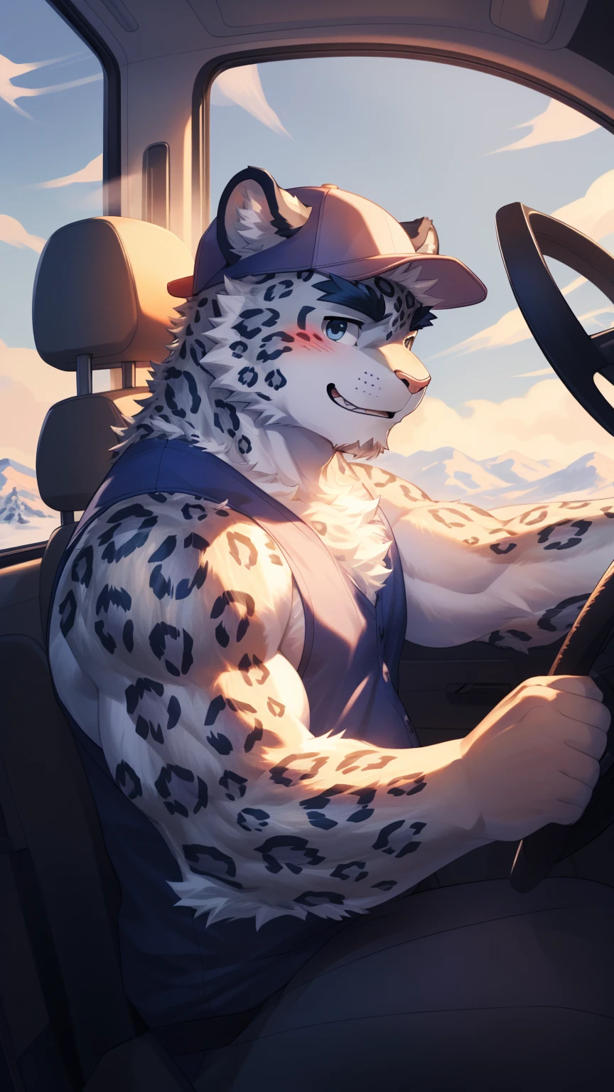 (Vision:1.5), solitary, anthropology, hairy, hairy male, snow leopard, ((Fluffy fur, Fluffy, hairy body)), (snow leopard print), (Thick eyebrows), youth, muscular, Blue-gray pupils, Detailed teeth, defaced face, fundos, driver, Gray purple vest, Baseball cap, cab里, Driving, front, Baseball cap, Shy expression, A faint smile, blush, (Dynamic poses:1.5), Clear facial features, Strong, majestic, alone, panoramic, Fog atmosphere, early morning, Tyndall light effect, cab, Sunlight through the car window, (By Empty Ghost, From snow leopard20, masterpiece, high quality, high resolution,8K)