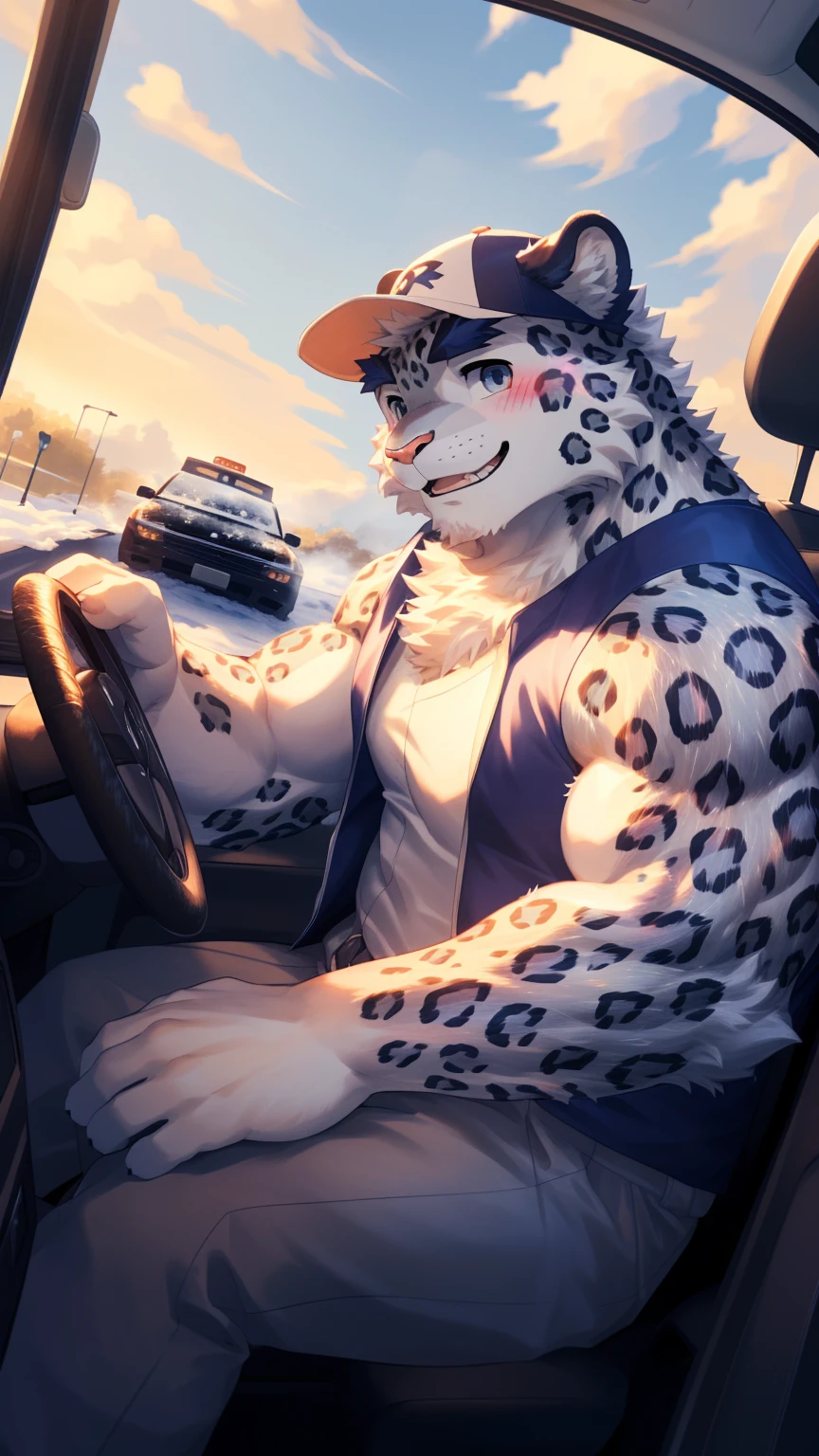 (Vision:1.5), solitary, anthropology, hairy, hairy male, snow leopard, ((Fluffy fur, Fluffy, hairy body)), (snow leopard print), (Thick eyebrows), youth, muscular, Blue-gray pupils, Detailed teeth, defaced face, fundos, driver, Gray purple vest, Baseball cap, cab里, Driving, front, Baseball cap, Shy expression, A faint smile, blush, (Dynamic poses:1.5), Clear facial features, Strong, majestic, alone, panoramic, Fog atmosphere, early morning, Tyndall light effect, cab, Sunlight through the car window, (By Empty Ghost, From snow leopard20, masterpiece, high quality, high resolution,8K)