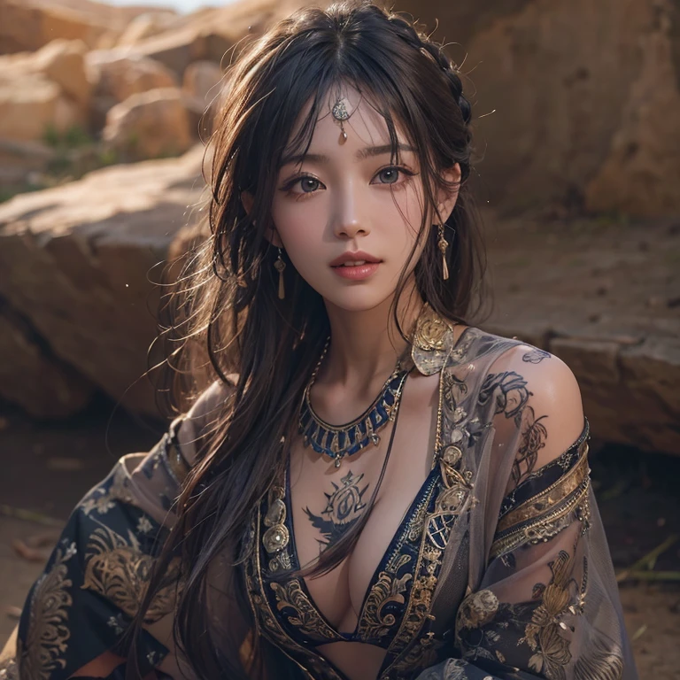 Hiding in the desert、Hair flow、 ((Highest quality、masterpiece、8K、Best image quality、Ultra-high resolution、Award-winning works)、(Accurate anatomy:1.1)、(Look at me and smile:1.1)、Shining fair skin with Ultra-high resolution、The most detailed face、Ultra-high resolution detailed face、Ultra-high resolutionの髪の毛、(Ultra-high resolutionの煌めく瞳:1.1)、Beautiful face drawn in every detail、(Blurred Background:1.1)、Ancient Islamic clothing, Chest to chest, tattoo, Old ruins in the background、Black Authentic Dress Up Elegant Underarm