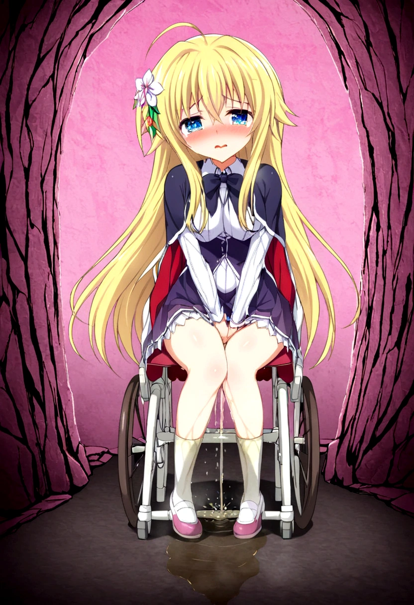 Anime. 1 girl. . . . Princess. Blonde. Long hair. Blue eyes. Beautiful eyes. Perfect eyes. Expressive eyes. Eyes covered with a faded film. Blind eyes. Blind. Ideal face. Ideal anatomical body. Beautiful long legs. Beautiful body. Beautiful nose. 12 ybarrassment. Blush. Beautiful character design. Shiny skin. Light white dress. Shoes. Hair decorations. Disabled person. Paralytic. Sitting. Wheelchair. Hands on crotch. Urinary incontinence. Wants to pee. She needs to pee. She has a strong, desperate urge to pee. He squeezes his crotch tightly. Rubs copper. Slight lean forward. She peed herself. Fantasy city. A park. Date. At the entrance to a public toilet. He takes off his wet panties. Tears in my eyes. Cry. Snot flows from the nose. Full body. nsfw. Official art. Extremely detailed CG Unity 8k wallpaper. Ideal lighting. Ultra high resolution 4K. Super detailed 8K. A high resolution.