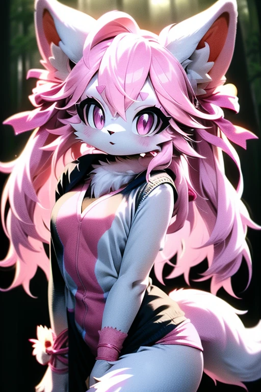 1 girl, Doll Fox Woman, Soft pink furry skin, Pink Heidi, Thick thighs, There is a long pink ribbon on the head, Pink heart-shaped pupils, Tight pink bikini,, Pink heart-shaped eyes，Big breasts_F罩Big breasts，fox，overtake