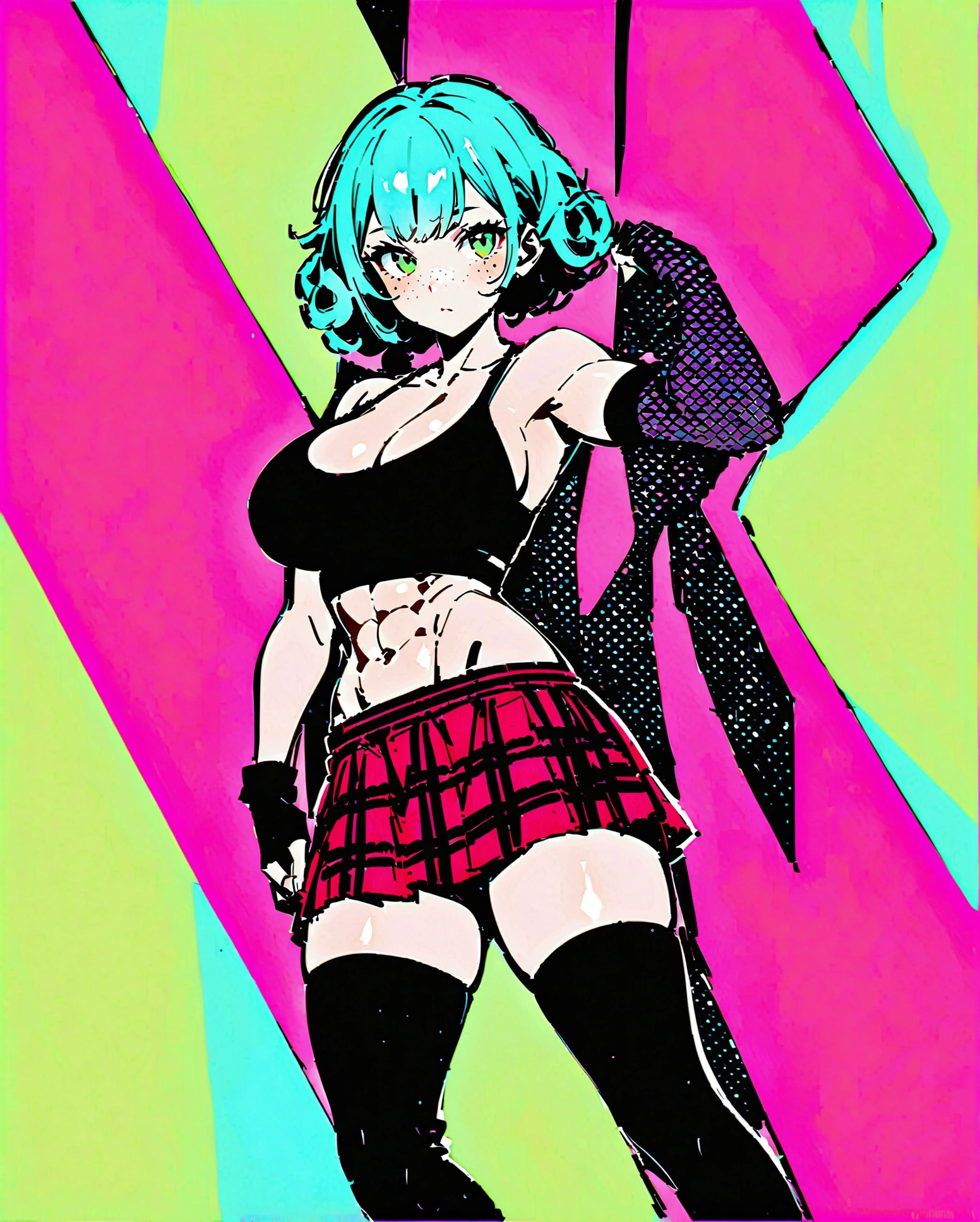 woman, curly red pixie cut hair, green eyes, wearing crop top black shirt, red plaid skirt, (black knee high boots), black fingerless gloves, exposed shoulders, (full body), large breasts, freckles, cleavage, abs, looking at viewer, masterpiece, best quality