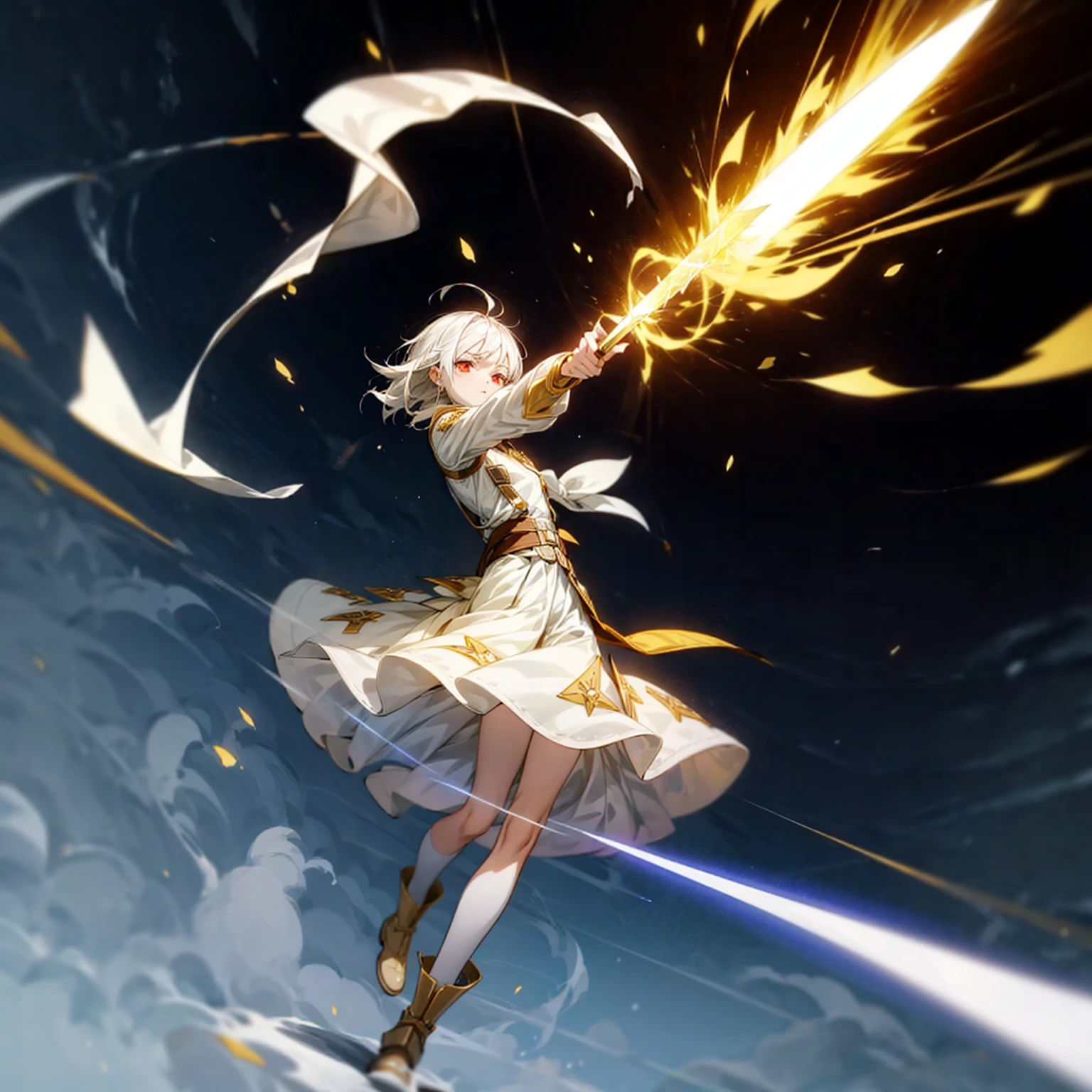 1girl, Full body version, 1character, light red eyes color, white skin, short hairstyle, white colour hair, templar knight silver style clothing, Long skirt, long socks, long boots, (gold knife in hand), gold Shield in hand, full background, Grassroots background in village, motion blur, shadow, battle gesture, smoke effect, lighting effect, lighting knife, aura, plasma effect, (attack on an style art)
