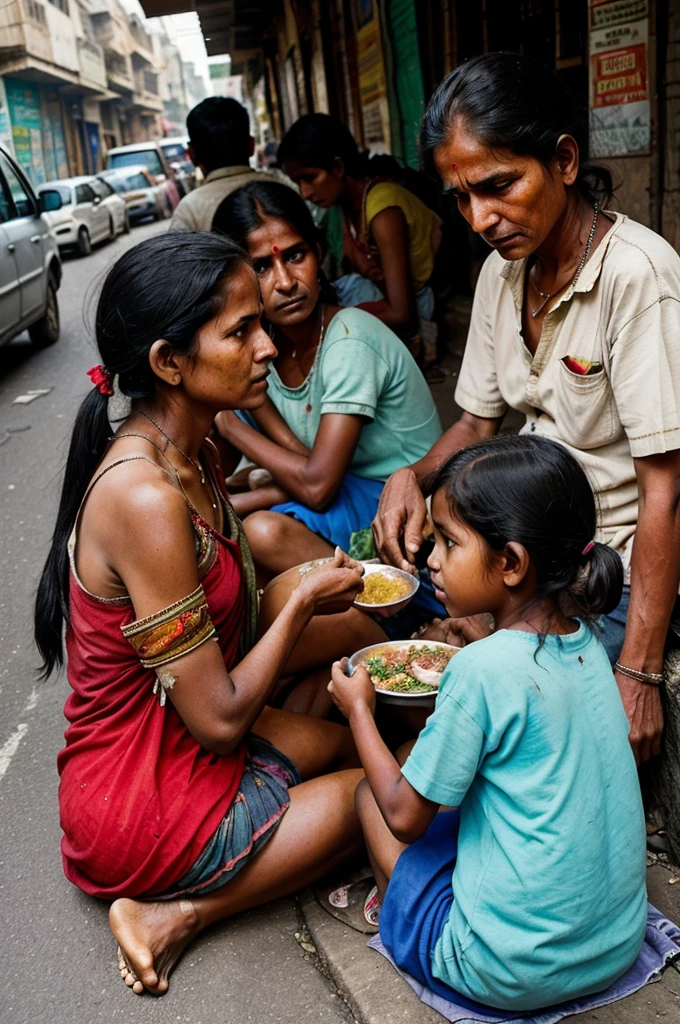 : In the bustling streets of a crowded Indian city, a poor family gathers on the roadside, their clothes worn and tattered, their faces etched with the lines of struggle. Despite their difficult circumstances, they share a simple meal of rice, sitting on the pavement. The youngest , with eyes full of innocence, looks at the others with a hopeful smile. Nearby, the sounds of traffic and city life continue, contrasting sharply with the quiet dignity of their meal. Tell their story: capture the resilience and bond that sustains them amidst poverty and adversity.