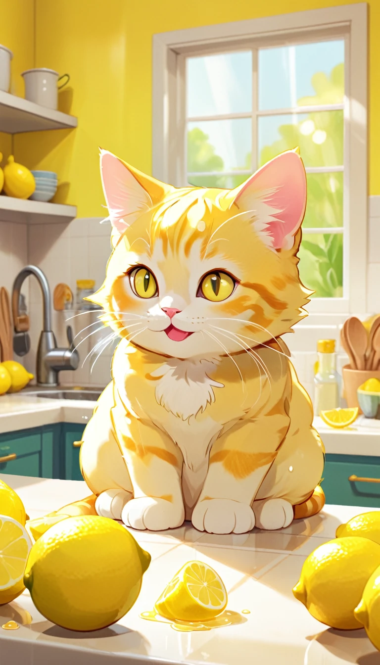 cartoony, ice cubes, lemon,Visual: A bright, cheerful kitchen. A plump, yellow tabby cat named Lemon sits on the counter next to a bowl of lemons. Narrator: "Meet Lemon, the mischievous cat!"