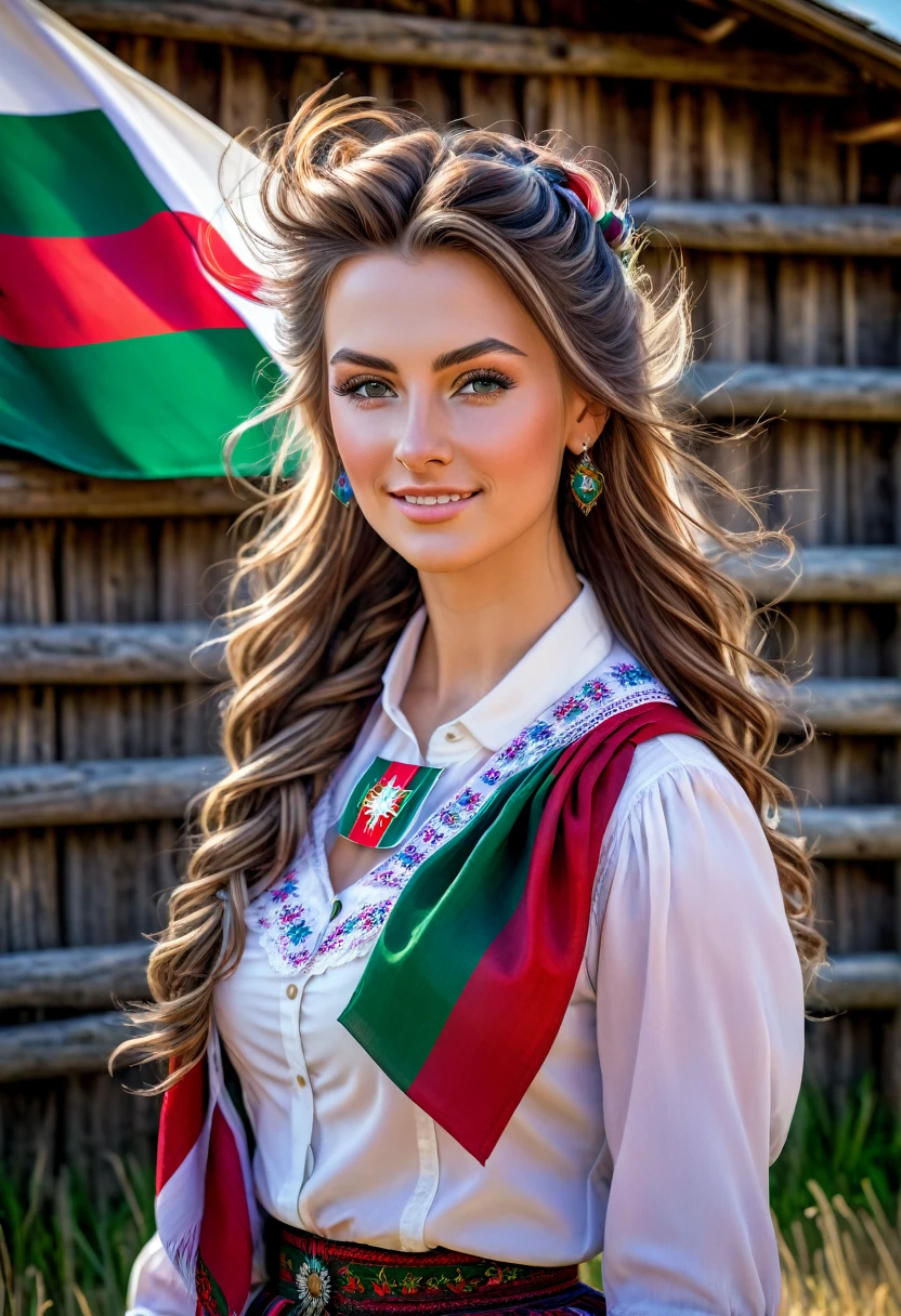 A hyper detailed image of a country girl with Hungarian flag colors, traditional attire, in a rural setting, 8k resolution, hyper realistic, portrait photography, vibrant colors, standing next to a rustic wooden fence, with wind blowing through her hair, capturing a moment of pride and beauty, inspired by the style of McKendree Long.