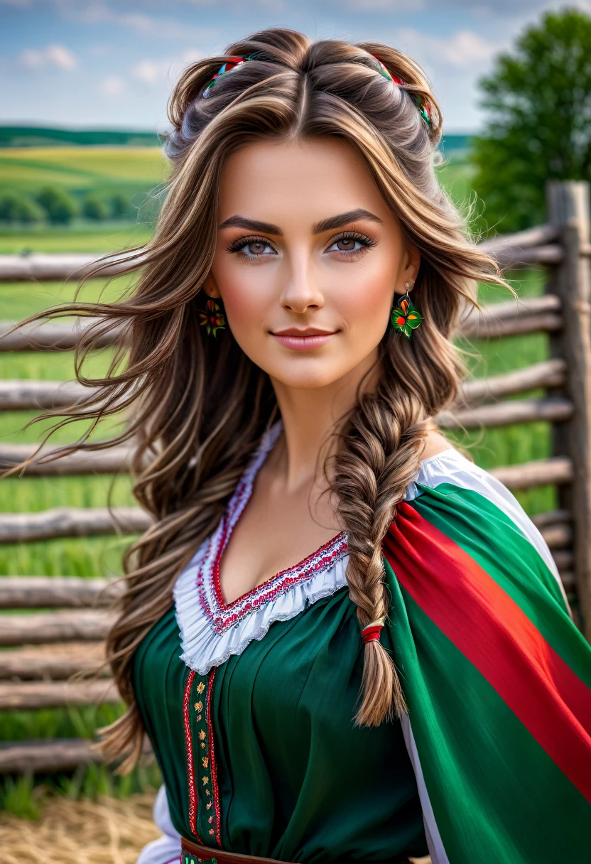 A hyper detailed image of a country girl with Hungarian flag colors, traditional attire, in a rural setting, 8k resolution, hyper realistic, portrait photography, vibrant colors, standing next to a rustic wooden fence, with wind blowing through her hair, capturing a moment of pride and beauty, inspired by the style of McKendree Long.